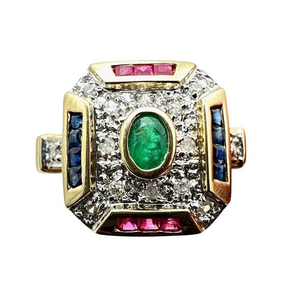 Womens Ring 14K Gold Emerald Diamond Red Blue Spinel 3.9 Grams Size 7 Estate - Picture 2 of 6